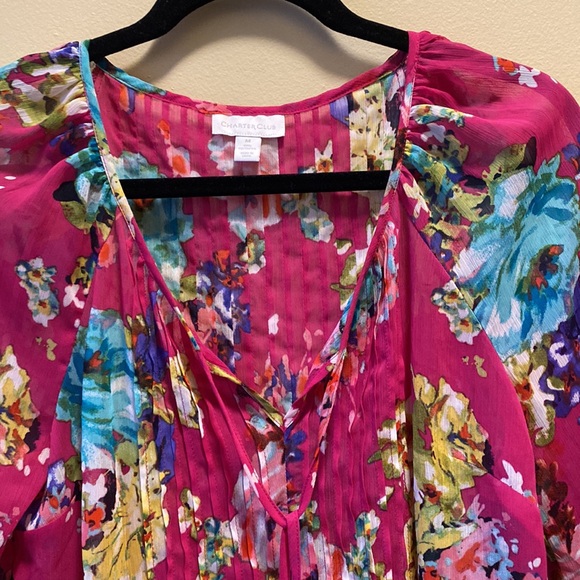 ✨BRAND NEW✨ CHARTER CLUB FUSHIA PINK SHEER BLOUSE WITH FLOWER PRINT - Picture 5 of 11